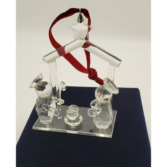Crystal Nativity Scene Ornament in Velvet Box Mary Joseph Baby Jesus, Red Ribbon - Picture 1 of 10